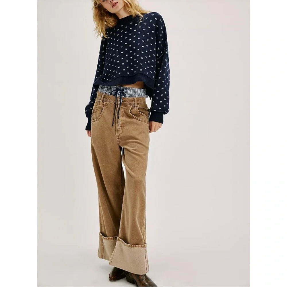 FREE PEOPLE Easy Street Patterened Crop Pullover / Navy Combo NWT
